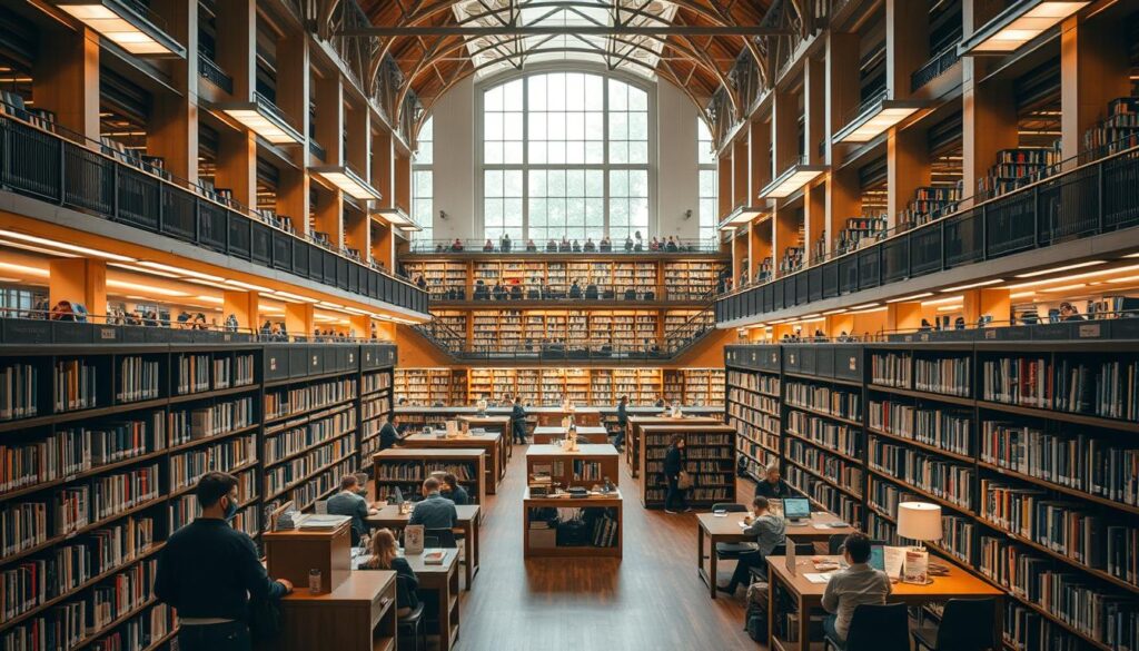 A bustling library interior with various sections showcasing the diversity of libraries. In the foreground, a large circulation desk where librarians assist patrons. Beyond, rows of bookshelves stretch towards the middle ground, filled with volumes on diverse subjects. In the background, reading nooks and study carrels provide quiet spaces for focused work. Warm lighting casts a cozy glow, while large windows allow natural light to filter in. The space is alive with activity - students browsing shelves, researchers deeply engaged, and librarians guiding visitors. This scene captures the vibrant heart of libraries, where knowledge and discovery intersect.