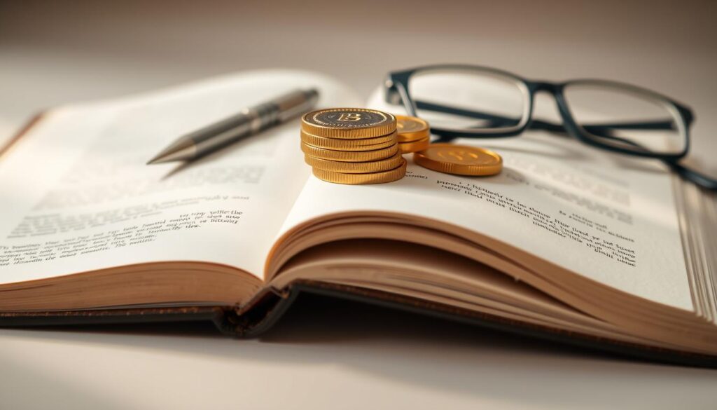 A close-up image of an open, hardcover textbook with crisp, ivory pages. Atop the book lies a stack of golden, metallic coins, a pen, and a pair of eyeglasses - symbolic elements representing the comprehensive coverage and benefits of a prestigious scholarship program. The book's cover displays an elegant, cursive title in a warm, earthy color palette, evoking a sense of academic prestige and opportunity. Soft, diffused lighting from an unseen source casts a gentle glow, creating a contemplative, aspirational atmosphere. The composition is balanced and visually striking, drawing the viewer's attention to the core elements of the scholarship's scope and advantages.