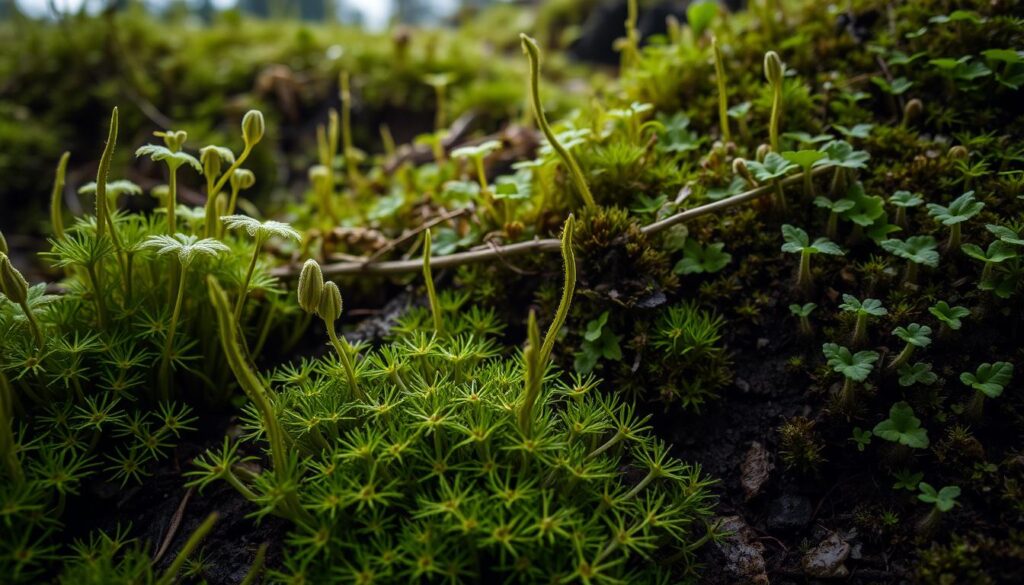 A dense and lush bryophyte habitat, showcasing the unique features of this ancient plant group. In the foreground, intricate gametophytes with delicate, moss-like fronds unfurl, their vibrant green hues contrasting against the muted tones of the surrounding environment. Subtle sporophytes emerge, their slender stalks supporting capsules that release spores into the still air. In the middle ground, a mix of liverworts and hornworts cling to the damp substrate, their intricate, leafy structures catching the soft, diffused lighting from above. The background fades into a hazy, atmospheric setting, hinting at the diverse bryophyte communities that thrive in this specialized ecological niche.