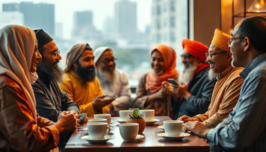 A diverse group of people from different faiths, including Muslims, Christians, Hindus, and Buddhists, engaged in a thoughtful discussion under the warm, diffused lighting of a Jakarta cafe. The scene exudes a sense of openness, understanding, and mutual respect as they exchange perspectives, gestures, and occasional laughter. The middle ground features a stylish table setting with coffee cups and plates, while the background blurs into a hazy urban landscape, conveying a sense of place. The overall mood is one of productive, harmonious dialogue in a cosmopolitan setting.