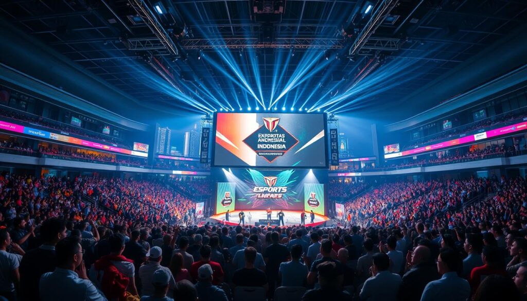 A grand esports tournament arena, its sleek modern architecture and neon-lit façade standing tall against a vibrant city skyline. In the foreground, an enthusiastic crowd cheers as players compete on a state-of-the-art stage, their intense concentration and competitive spirit palpable. Overhead, a massive display showcases the tournament's branding and highlights, bathed in a dynamic lighting that creates an electric atmosphere. The scene exudes a sense of national pride, reflecting Indonesia's emergence as a global esports powerhouse, hosting a prestigious international event that captivates spectators worldwide.