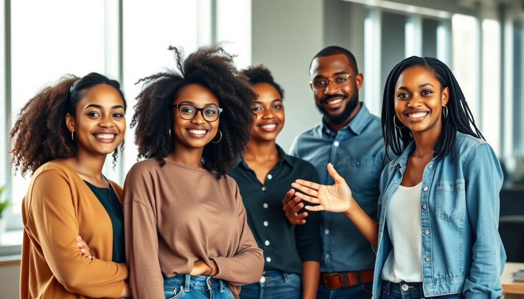 A group of diverse young individuals, each with a unique story of success, standing together in a well-lit, modern office setting. The foreground features three figures, their expressions conveying a sense of pride and determination. In the middle ground, a mentor figure stands beside them, hands gesturing animatedly as they engage in a thoughtful discussion. The background showcases a sleek, minimalist workspace with large windows, allowing natural light to flood the scene. The overall mood is one of collaboration, mentorship, and the triumph of hard work and perseverance.