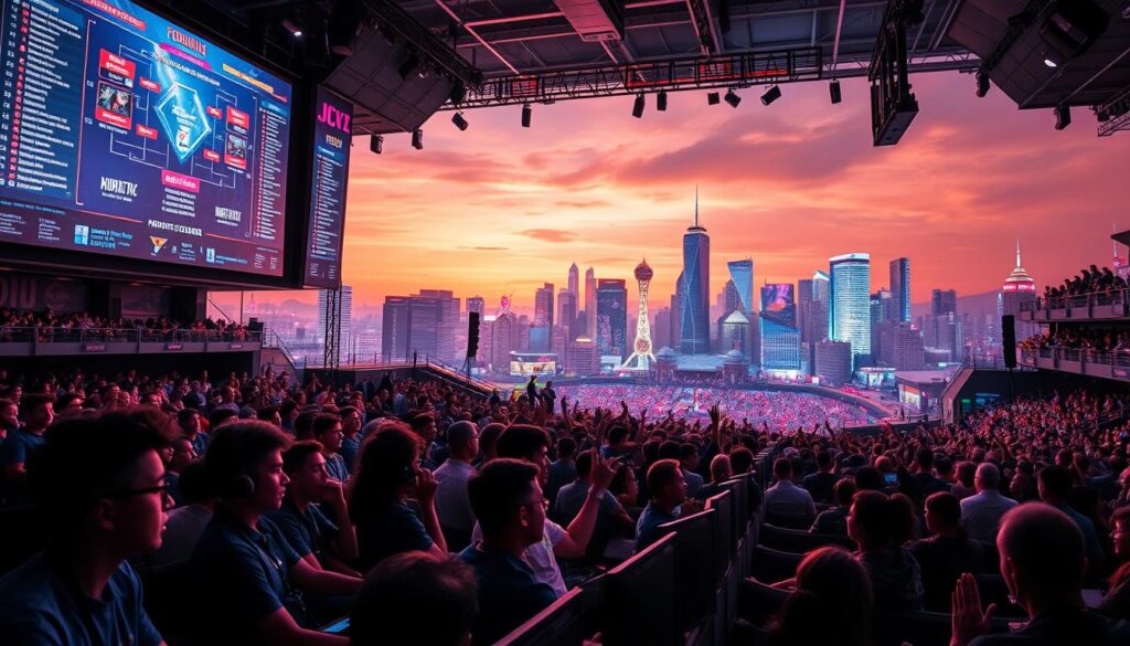 A lively esports arena set against a backdrop of a vibrant cityscape. In the foreground, a diverse group of professional gamers intently focused on their screens, their expressions a blend of intense concentration and competitive drive. Overhead, a massive display board showcases tournament brackets and statistics, casting an ethereal glow on the scene. The middle ground is filled with a throng of enthusiastic spectators, their hands raised in excitement as they cheer on their favorite teams. In the distance, the skyline of a bustling metropolis rises, its towering skyscrapers and neon-lit landmarks conveying the global significance of this esports event. Crisp, cinematic lighting illuminates the entire spectacle, heightening the sense of drama and importance of this historic moment in the world of esports.
