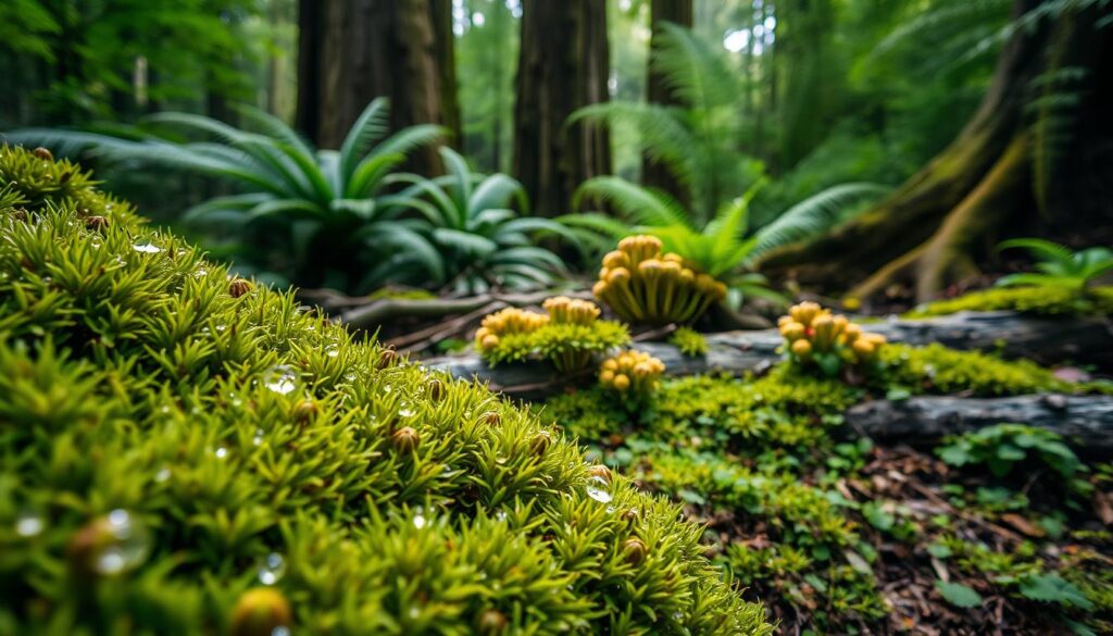 A lush, verdant forest scene showcasing the diverse benefits of bryophytes. In the foreground, a close-up of a vibrant moss carpet, its delicate fronds glistening with dew under soft, diffused lighting. In the middle ground, a group of bryophytes growing on fallen logs, their intricate structures and vibrant hues highlighting their role in nutrient cycling and soil formation. In the background, towering ferns and ancient-looking trees frame the scene, creating a sense of timelessness and the essential role bryophytes play in supporting a healthy, thriving ecosystem. The overall mood is one of wonder and appreciation for the often-overlooked contributions of these humble, yet vital, plants.