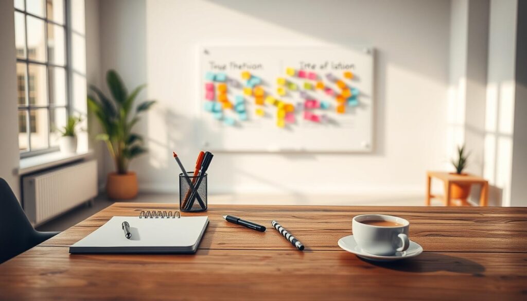 A serene, minimalist office setting with a focus on the design thinking process. In the foreground, a wooden desk with a sketchpad, markers, and a cup of coffee, suggesting an active brainstorming session. In the middle ground, a whiteboard with colorful sticky notes, representing the ideation and iteration stages. The background features large windows, allowing natural light to fill the space, creating a warm and inspiring atmosphere. The overall composition conveys a sense of thoughtfulness, collaboration, and the pursuit of innovative solutions.