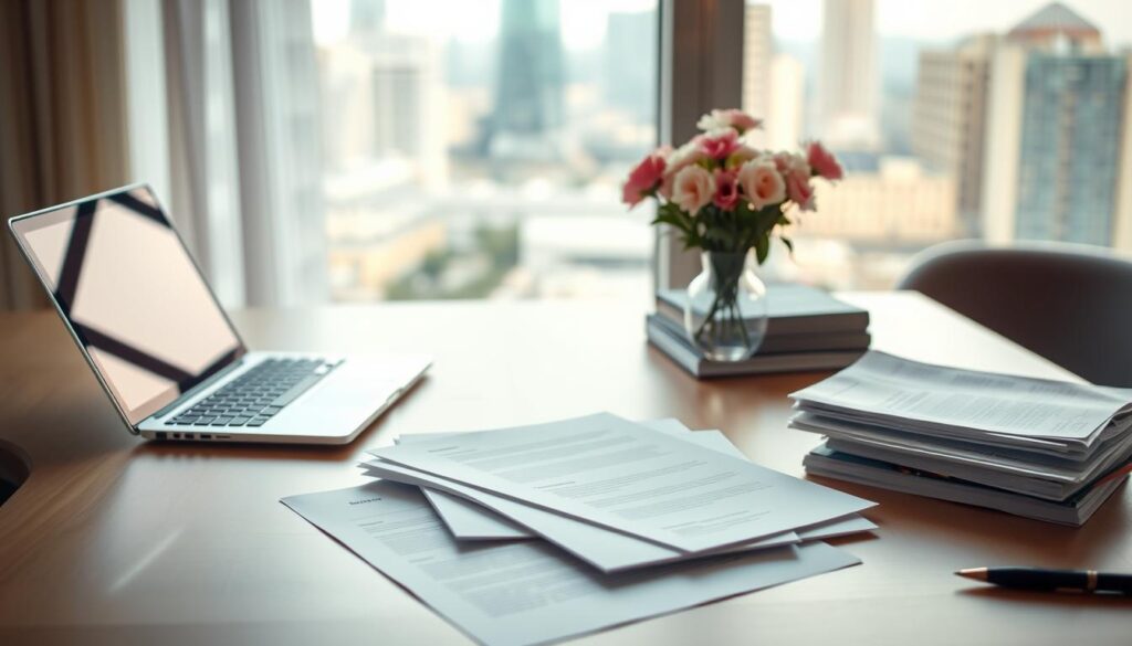 A serene study desk with an open laptop, stack of books, and a bouquet of fresh flowers. Soft, diffused natural lighting streams in through a large window, casting a warm glow. The surface is meticulously organized, conveying a sense of focus and academic diligence. In the foreground, a neatly arranged set of documents and forms symbolize the application process, while in the background, a blurred cityscape hints at the broader context of the scholarship opportunity. The overall mood is one of quiet determination and the promise of growth and achievement.