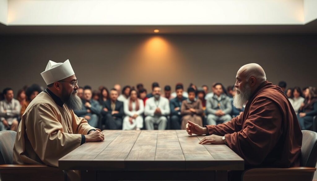 A serene yet thought-provoking scene of diverse religious leaders engaged in thoughtful dialogue. The foreground depicts three figures representing different faiths - a priest, an imam, and a monk - seated around a wooden table, their expressions contemplative as they discuss matters of faith and understanding. The middle ground shows a diverse congregation of people from various backgrounds observing the conversation, their body language conveying a sense of unity and open-mindedness. The background features a dimly lit, minimalist interior with muted tones, creating an atmosphere of introspection and reverence. Soft, warm lighting illuminates the scene, symbolizing the illumination of knowledge and the bridging of differences. The overall mood evokes a sense of peaceful coexistence and the power of interfaith dialogue.