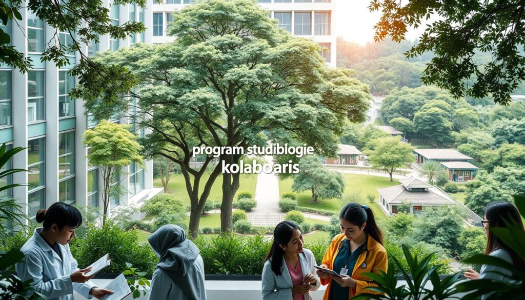 A vibrant academic landscape, with a modern university building framed by lush greenery. In the foreground, students in lab coats and scrubs engage in collaborative research, analyzing specimens and consulting textbooks. The middle ground features a stylized illustration of the "program studi biologi kolaborasi," showcasing the interconnected disciplines and diverse areas of study. Overhead, natural light filters through large windows, casting a warm, inviting glow and highlighting the earnest, focused expressions of the students. The background depicts a verdant campus setting, with trees, pathways, and other academic facilities, conveying a sense of a thriving, well-equipped institution dedicated to the pursuit of biological knowledge.