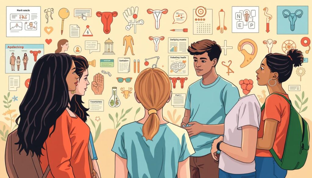 A vibrant and educational illustration showcasing the topic of adolescent reproductive health. In the foreground, a diverse group of teenagers engaged in open and thoughtful discussions, surrounded by empowering imagery and informative icons representing various aspects of sexual and reproductive well-being. The middle ground features a backdrop of stylized medical diagrams, anatomical charts, and policy documents, symbolizing the integration of comprehensive education and evolving healthcare initiatives. The background is bathed in a warm, inclusive tone, conveying a sense of progress, empowerment, and a brighter future for young people. Captured with a sharp, photographic lens and carefully balanced lighting to create an impactful, visually engaging scene.
