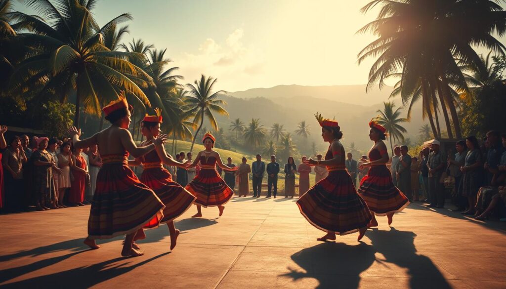A vibrant, cinematic scene of the traditional Tarian Pacu Jalur dance from the Riau region of Indonesia. In the foreground, a group of colorfully dressed performers move gracefully, their intricate footwork and swaying motions accentuated by dramatic lighting that casts dynamic shadows. The middle ground features a crowd of spectators, their expressions of awe and delight captured in a soft, slightly hazy focus. In the background, a lush, verdant landscape of palm trees and rolling hills provides a picturesque cultural context, bathed in warm, golden tones. The overall atmosphere evokes a sense of cultural celebration, tradition, and the captivating essence of this viral social media phenomenon.
