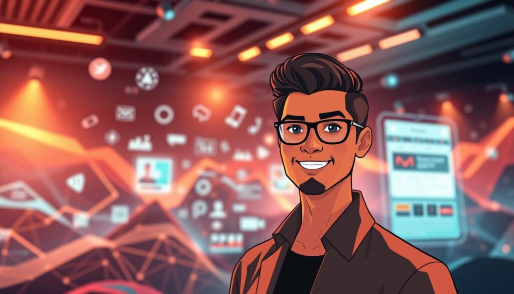 A vibrant digital landscape showcasing strategic personal branding. In the foreground, a stylized avatar or digital portrait serves as the focal point, exuding confidence and a strong personal brand identity. The middle ground features a dynamic social media interface, with sleek icons, scrolling feeds, and interactive elements that capture the essence of modern digital self-presentation. The background is a sophisticated blend of geometric patterns, gradients, and technological motifs, conveying a sense of innovation and digital savvy. Warm, soft lighting illuminates the scene, creating a polished, aspirational atmosphere. The overall composition communicates the power of strategic personal branding in the digital age.
