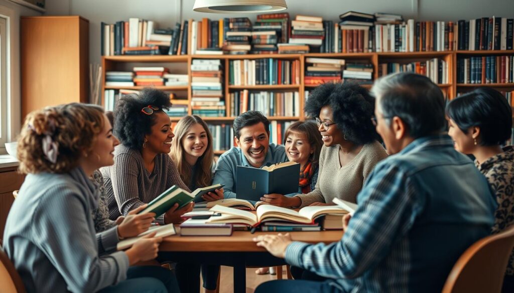 A vibrant scene of literary collaboration, with a diverse group of people gathered around a central table, engaged in animated discussions. The foreground features a mix of readers, writers, and librarians, their faces alight with enthusiasm as they exchange ideas and share their love of the written word. In the middle ground, bookshelves and stacks of books create a cozy, intellectual atmosphere, while the background is softly lit, conveying a sense of warmth and community. The lighting is natural, with a soft, diffused glow that highlights the collaborative spirit of the scene. The overall composition and color palette evoke a sense of intellectual curiosity, creativity, and the power of shared knowledge.