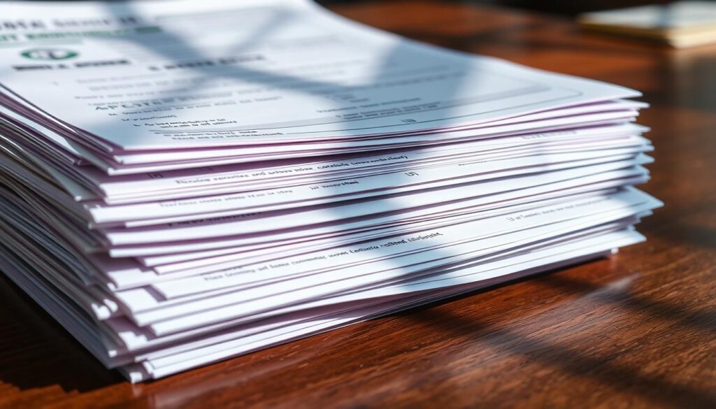 A well-lit close-up of a stack of official-looking documents and forms, arranged neatly on a wooden desk. The papers feature various headings, logos, and fields to be filled out, conveying the sense of formal application requirements for a scholarship program. The lighting casts subtle shadows, adding depth and a sense of importance to the scene. The background is slightly blurred, keeping the focus on the crucial documents in the foreground.