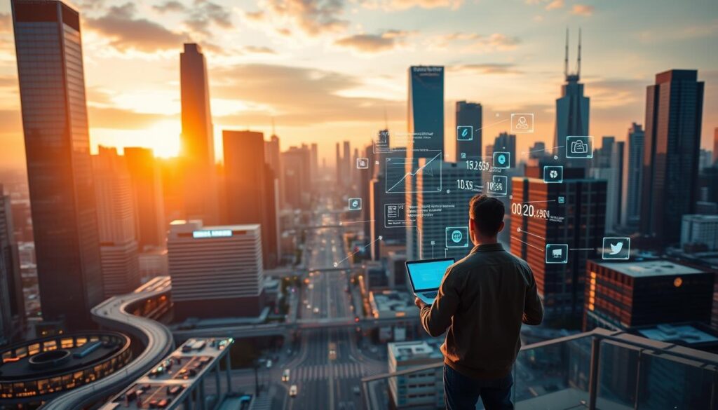 A bustling cityscape at dusk, with skyscrapers and modern architecture casting long shadows. In the foreground, a web developer stands at a laptop, surrounded by holographic interfaces and floating data streams. The scene conveys a sense of technological advancement, innovation, and the dynamic career path of a web developer. The lighting is a warm, golden hue, creating a sense of ambition and opportunity. The composition features a high-angle perspective, emphasizing the scale and scope of the web developer's potential. The image should evoke the thriving career prospects and cutting-edge nature of the web development industry.