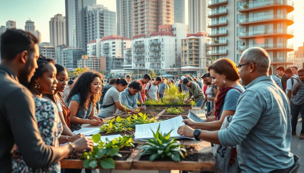 A bustling urban scene showcasing a diverse group of citizens collaborating on a sustainable development project. In the foreground, a team of community members discussing plans over a table, their expressions animated and engaged. In the middle ground, volunteers working together to construct a new public green space, the sun's warm rays casting a soft glow. In the background, a vibrant cityscape with modern architecture and infrastructure, representing the integration of this citizen-led initiative within the larger urban context. The overall atmosphere conveys a sense of collective effort, community empowerment, and a shared vision for a more sustainable future.