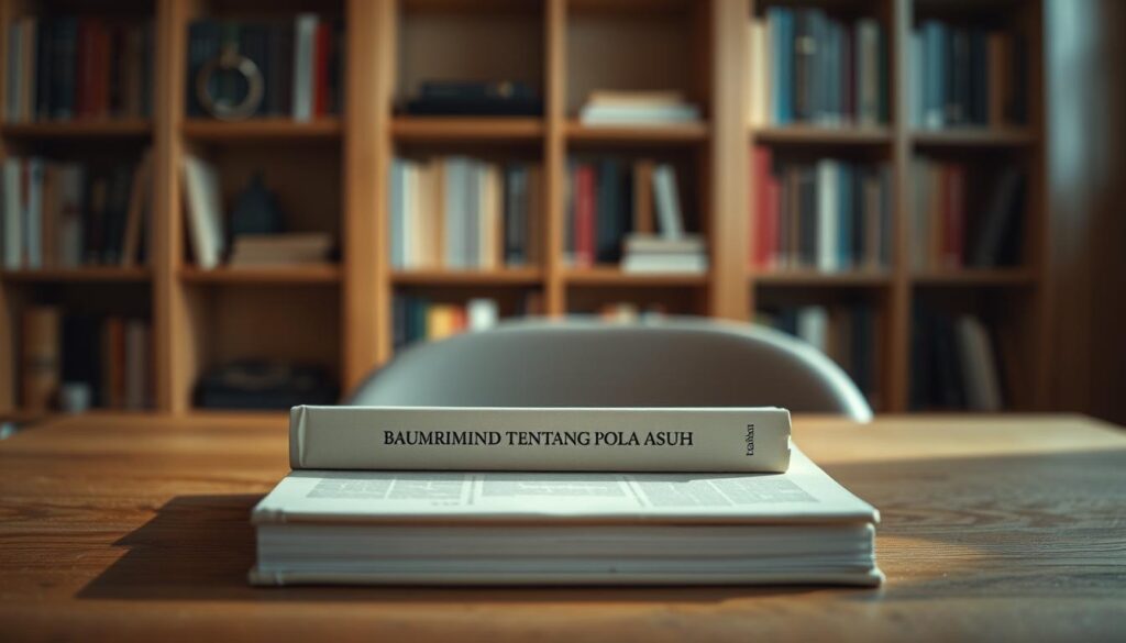A hardcover book with a minimalist cover design, sitting on a wooden table. The book's title, "Buku Baumrind tentang Pola Asuh," is prominently displayed in a clean, modern font. The table is illuminated by soft, diffused lighting, creating a warm, contemplative atmosphere. In the background, blurred bookshelves and a cozy, neutral-toned room create a sense of a thoughtful, scholarly environment. The overall composition emphasizes the book as the central focus, inviting the viewer to engage with the subject matter of parenting styles.