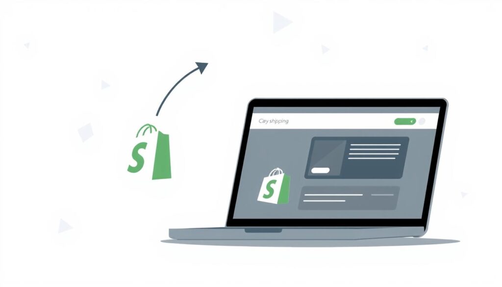 A minimalist and modern-style illustration depicting the concept of dropshipping. The foreground shows a laptop computer with an e-commerce website interface displayed on the screen, representing the Shopify platform. In the middle ground, a package icon symbolizes the fulfillment process, with arrows indicating the direct flow of products from the supplier to the customer. The background features a clean, neutral color palette with subtle geometric patterns, conveying a sense of efficiency and flexibility. The overall composition should effectively communicate the idea of a low-risk, flexible business model, as described in the section title.