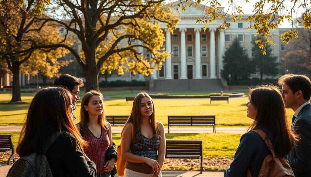 A serene campus setting, bathed in warm afternoon light. In the foreground, a group of students engaged in thoughtful discussion, their expressions earnest and attentive. The middle ground features a well-manicured lawn and neatly arranged benches, conveying a sense of order and discipline. In the background, the elegant façade of a university building, its classical architecture evoking a rich academic tradition. The overall atmosphere is one of intellectual curiosity and ethical deliberation, as the students navigate the important role of ethics within the academic environment.