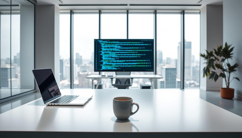 A serene, modern office workspace with a clean, minimalist aesthetic. In the foreground, a laptop and a cup of coffee sit on a sleek, white desk, symbolizing the tools of the web developer's trade. The middle ground features an ergonomic chair and a large monitor displaying lines of code, representing the core skills of coding and programming. In the background, floor-to-ceiling windows offer a panoramic view of a bustling city skyline, hinting at the technical and creative nature of web development. The lighting is soft and diffused, creating a calm and focused atmosphere. The overall composition conveys the intersection of technology, design, and problem-solving that defines the essential skills of a web developer.
