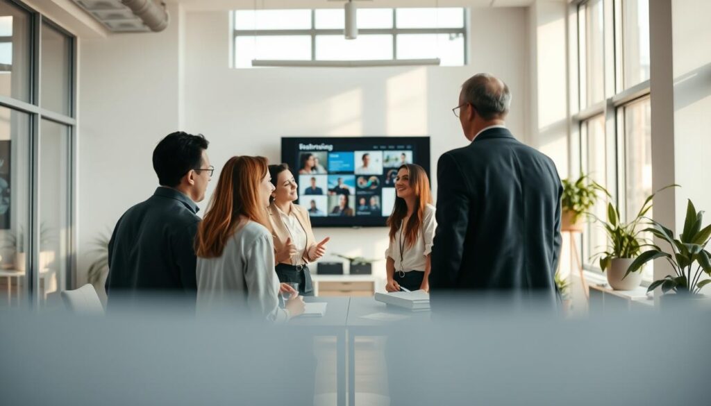 A serene office setting, bathed in soft, natural lighting filtering through large windows. In the foreground, a group of professionals engaged in a lively discussion, their body language and facial expressions conveying a sense of collaborative communication. The middle ground features a presentation screen displaying visuals, guiding the conversation. In the background, a minimalist, yet stylish decor, emphasizing the modern, professional atmosphere. The overall mood is one of productive, yet relaxed strategizing, with an emphasis on effective interpersonal exchange.