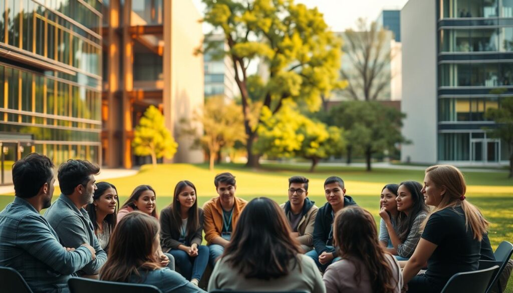 A university campus setting, with students engaged in thoughtful discussion and reflection. In the foreground, a group of diverse students sit in a circle, their expressions earnest as they ponder the importance of ethical conduct. The middle ground features a backdrop of modern academic buildings, their sleek, glass facades bathed in warm, natural lighting that filters in through large windows. In the distance, a lush, verdant lawn and trees create a serene, contemplative atmosphere. The overall mood is one of intellectual curiosity, responsibility, and a sincere desire to uphold the principles of academic integrity. A 35mm focal length, shallow depth of field lens captures the scene, emphasizing the students' focused engagement.
