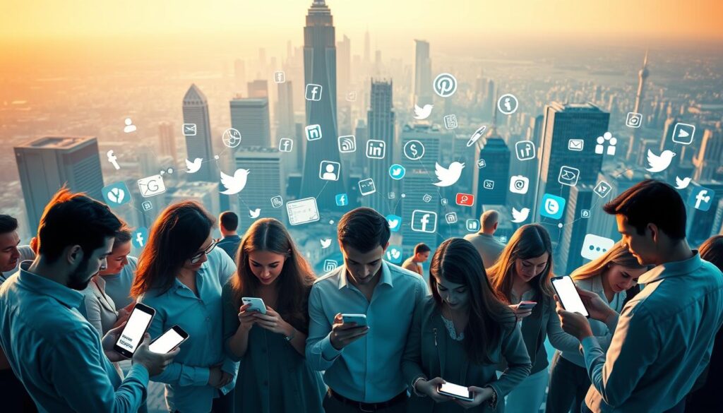 A vibrant and dynamic social media landscape, featuring various platforms and devices. In the foreground, a group of people actively engaging on their smartphones, tablets, and laptops, their expressions conveying a sense of connection and immersion. The middle ground showcases an array of social media icons and logos, representing the diverse range of online communities. The background depicts a sleek, minimalist cityscape, with skyscrapers and technology-infused architecture, emphasizing the pervasive nature of digital communication in the modern world. The lighting is soft and warm, creating a harmonious and inviting atmosphere, while the camera angle suggests a bird's-eye view, providing a comprehensive overview of the social media ecosystem.