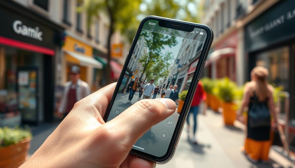 A close-up view of an iPhone displaying the Slide Zoom feature in action, held in a hand navigating through a bustling urban environment. The foreground showcases the sleek design of the iPhone, with smooth finger movements elegantly demonstrating the gesture as the screen zooms in on a vibrant street scene. In the middle ground, blurred figures of pedestrians can be seen walking, reflecting motion to emphasize that the user is multitasking while on the move. The background features colorful shop fronts and greenery under soft, natural sunlight that creates a warm and dynamic atmosphere. The image captures a sense of convenience and modernity, enhancing the feeling of seamless multitasking in daily life.