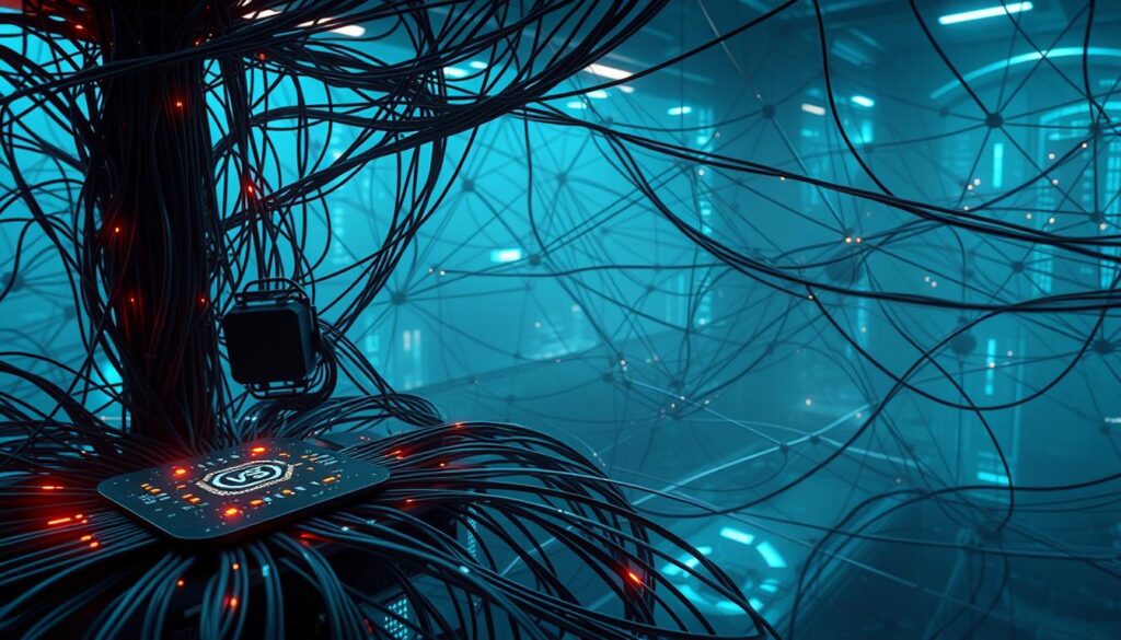 A complex, multi-layered network of interconnected nodes, cables, and routers. In the foreground, a central hub with flashing lights and intricate circuit patterns, conveying a sense of data processing and information exchange. In the middle ground, branching pathways of sleek, metallic cables weaving through the scene, creating a dense, intricate web. The background is shrouded in a hazy, technological atmosphere, with a soft blue-green glow emanating from unseen sources, suggesting a sense of scale and depth. The overall aesthetic is one of highly sophisticated, futuristic connectivity, reflecting the technical nature of the "Restricted Networking" concept.
