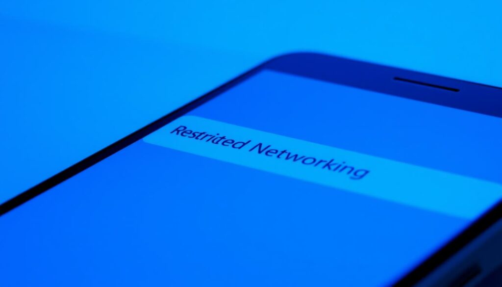 A detailed view of a smartphone's settings menu, with the "Restricted Networking" option prominently displayed. The screen is bathed in a cool, blue-tinted lighting, creating a sense of digital serenity. The interface is crisp and minimalist, reflecting the clean, methodical nature of the Android operating system. In the background, a faint network signal icon suggests the active, yet restricted, internet connection. The composition emphasizes the simplicity and accessibility of this native Android feature, allowing the user to control their device's network access without the need for additional applications.