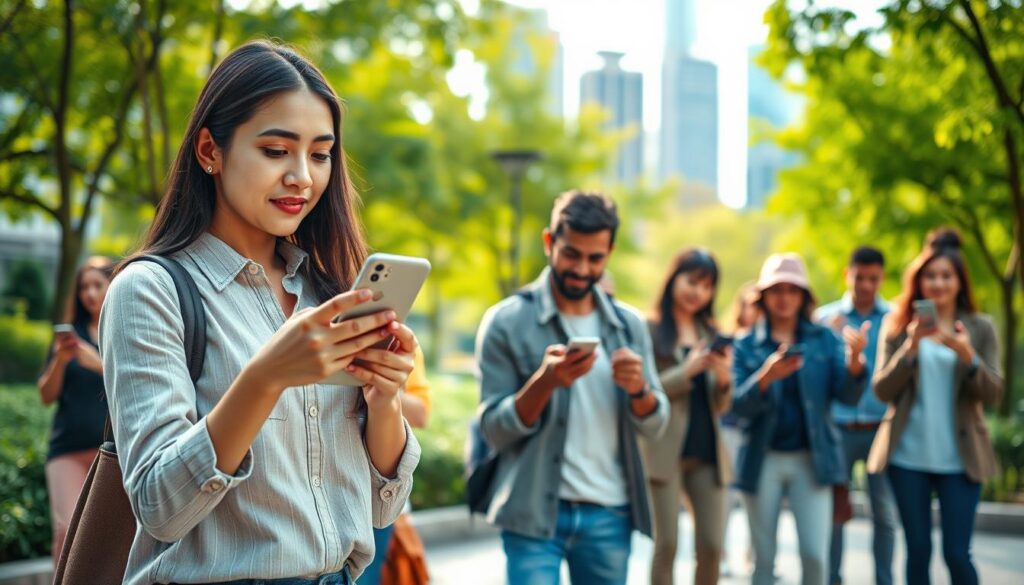 A dynamic scene showing a diverse group of individuals practicing one-handed smartphone gestures in a modern urban park. In the foreground, focus on a young woman in casual, professional clothing confidently texting with one hand, her expression showcasing concentration and engagement. The middle ground features various people of different ages and ethnicities, also engaged in similar activities, demonstrating a range of innovative gestures. In the background, vibrant greenery and cityscape add depth, with soft sunlight filtering through the trees, creating a warm and inviting atmosphere. Use a slightly elevated angle to capture the collective energy of the practice session, emphasizing movement and communication. The overall mood should be enthusiastic and motivational, inspiring viewers to embrace their own practice of daily gestures.