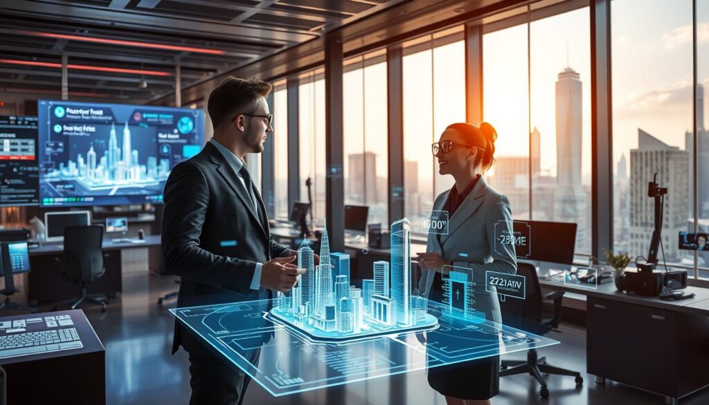 A futuristic office space brimming with advanced technology and holographic displays, illustrating Spatial Computing and Extended Reality (XR). In the foreground, a professional man and woman, dressed in smart business attire, engage with a lifelike, 3D hologram of a digital cityscape, showcasing interactive elements. In the middle ground, various virtual interfaces are seamlessly integrated into the environment, with data visualizations floating in the air and augmented reality overlays depicting information. The background reveals a large window with a panoramic view of a high-tech urban skyline, bathed in natural light, with subtle reflections enhancing the space. The atmosphere is vibrant and innovative, evoking a sense of advancement and collaboration in technology.