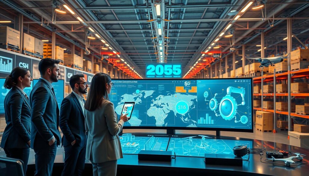 A futuristic supply chain control room, showcasing advanced technology trends for 2025. In the foreground, a diverse team of professionals in business attire discusses data visualizations on holographic displays, analyzing AI-driven analytics and quantum computing implications. The middle ground features interactive digital maps and 3D renderings of logistics networks, highlighting efficiency and connectivity. The background presents a high-tech warehouse filled with robotic systems and drones, symbolizing automation and 6G communication. The scene is bathed in soft, ambient lighting, creating a modern and innovative atmosphere, captured from a dynamic angle that emphasizes the advanced technology and teamwork within the supply chain sector.
