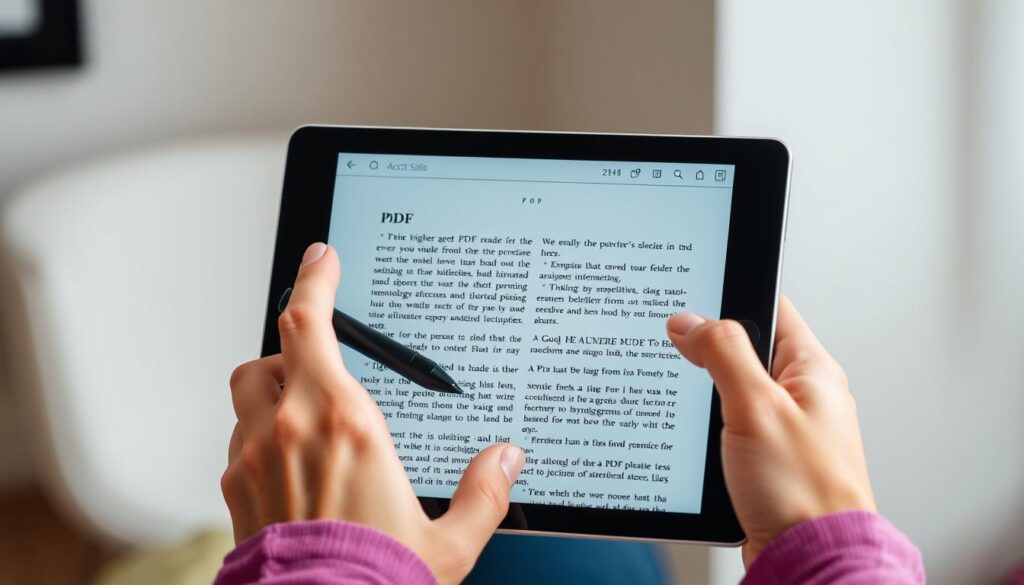 A high-resolution image of a person using a modern Android tablet device to read a PDF document. The tablet is held in a portrait orientation, showcasing a clean and intuitive PDF reader interface. The user's hands are visible, interacting with the tablet's touchscreen, highlighting text or making annotations using a digital stylus. The background is blurred, keeping the focus on the tablet and the user's actions. The lighting is soft and natural, creating a calming, focused atmosphere. The image conveys the ease and flexibility of using a dedicated PDF reader app on an Android device for both reading and annotating documents.