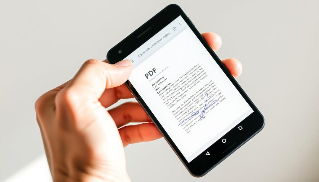 A minimalist Android device being held in a human hand, displaying a PDF document open and ready for annotation and digital signature. The PDF viewer app showcases a clean, intuitive interface with options for highlighting, drawing, and signing. The screen is well-lit, with a natural, diffused lighting source creating soft shadows and highlighting the details of the device and the PDF content. The composition places the Android device as the clear focal point, capturing the effortless workflow of quickly accessing, editing, and signing digital documents on the go.