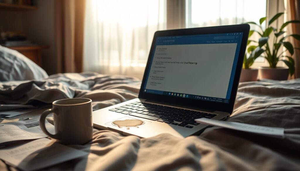 A cluttered desk scene featuring a laptop positioned on a soft, uneven surface like a bed, surrounded by scattered papers and a half-empty coffee mug. The laptop screen displays a warning message about overheating, while a smudge of coffee is visible on the keyboard. In the background, a window shows bright sunlight streaming in, creating a warm atmosphere and casting soft shadows across the desk. A potted plant on the side adds a touch of greenery. The focus is sharp on the laptop, with a slight vignette effect to enhance the mood of neglect and improper usage. Capture this setup from a slightly elevated angle to highlight the inappropriate placement, emphasizing the urgency of proper care for laptops. A cluttered desk scene featuring a laptop positioned on a soft, uneven surface like a bed, surrounded by scattered papers and a half-empty coffee mug. The laptop screen displays a warning message about overheating, while a smudge of coffee is visible on the keyboard. In the background, a window shows bright sunlight streaming in, creating a warm atmosphere and casting soft shadows across the desk. A potted plant on the side adds a touch of greenery. The focus is sharp on the laptop, with a slight vignette effect to enhance the mood of neglect and improper usage. Capture this setup from a slightly elevated angle to highlight the inappropriate placement, emphasizing the urgency of proper care for laptops.