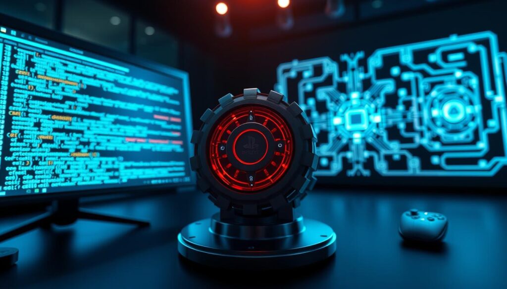 A detailed and visually striking illustration of a "toolchain cell" visually symbolizing the PlayStation 3 Cell Processor. In the foreground, show a sleek, modern computer interface displaying intricate code and graphical representations of the processor architecture, emphasizing its nine-core design. The middle ground should depict a series of interlinked gears and circuitry elements, representing the toolchain’s complex development process. In the background, incorporate a translucent schematic diagram of the Cell Processor, emphasizing the core being utilized for gaming. Use dynamic, cool-colored lighting to create a technological and innovative atmosphere, captured with a low-angle perspective to convey depth and complexity, ensuring a professional and focused mood throughout the composition.