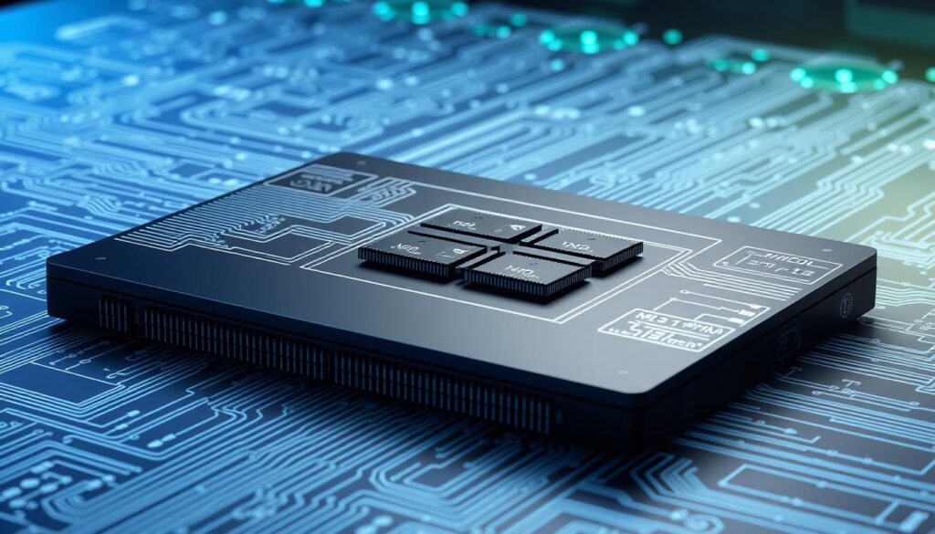 A detailed illustration of an Element Interconnect Bus (EIB) as used in the PlayStation 3 Cell Processor. In the foreground, depict a highly detailed schematic view of the EIB with interconnected lines and nodes, showcasing its architecture and connectivity. In the middle ground, illustrate the integration of memory types, including XDR and FlexIO, visually represented by distinct components with labels. The background should feature a gradient that suggests a digital environment, perhaps evoking a sense of advanced technology through soft blue and green hues. Use dramatic lighting to highlight the key components with sharp contrasts between light and shadow, enhancing the sense of depth. The perspective should be slightly angled, resembling a dynamic 3D representation of a technology blueprint, conveying professionalism and innovation.