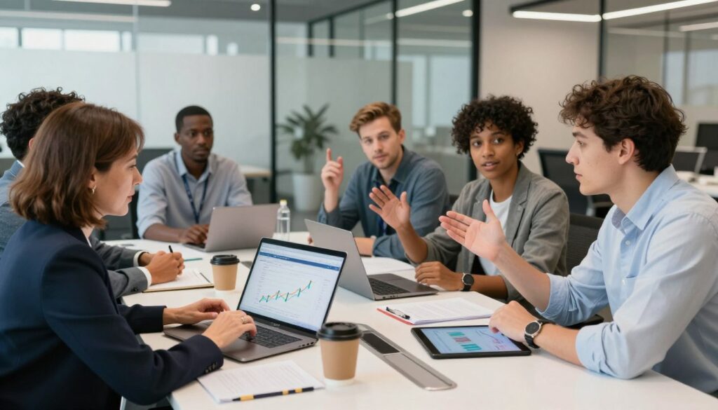 A diverse group of professional investors and startup founders gathered around a sleek conference table, discussing innovative EdTech solutions. In the foreground, a middle-aged woman in smart business attire analyzes a digital presentation on a laptop, while a young man gestures animatedly, presenting a growth chart on a tablet. In the middle ground, more investors, diverse in age and ethnicity, exchange ideas, with notes and coffee cups scattered on the table. The background features a modern office space with glass walls, allowing natural light to create a bright and optimistic atmosphere. The scene captures a sense of collaboration and opportunity, embodying the dynamic environment of startup investment. The overall mood is focused and energetic, emphasizing the importance of discussion in nurturing unicorn startups.