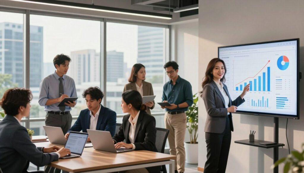 A dynamic office environment bustling with activity, showcasing a diverse group of professionals in business attire collaborating on a tech project. In the foreground, a confident female entrepreneur of Indonesian descent stands beside a large digital screen displaying growth charts and statistics that suggest success. In the middle ground, a mixed-gender team engages in discussions, with laptops and tablets open, highlighting teamwork and innovation. The background features large windows revealing a vibrant cityscape of Jakarta, bathed in warm, natural lighting creating a positive and motivational atmosphere. A modern, sleek office design accentuates the theme of progress and achievement in the EdTech sector, blending professionalism with an inclusive and inspiring mood.
