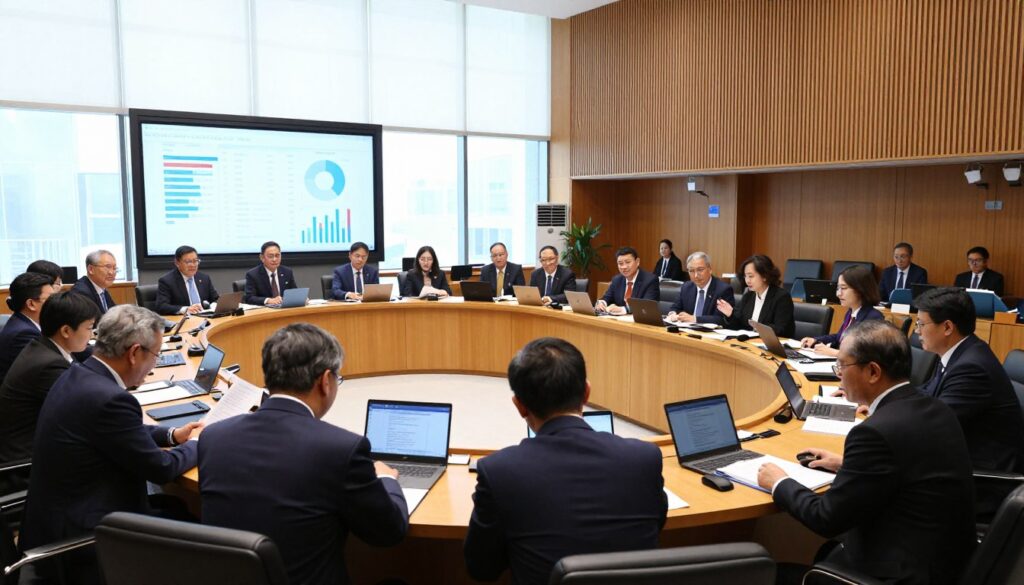 A modern, open parliamentary chamber filled with formal business representatives engaged in a transparent discussion. In the foreground, a diverse group of men and women in professional attire are seated around a large, oval table, looking at documents and laptops, displaying expressions of focus and collaboration. In the middle ground, a large screen displays charts and figures to emphasize data transparency. The background features tall windows allowing natural light to flood the room, illuminating the wood-paneled walls and modern decor. Capture a dynamic angle that gives a sense of depth, showcasing the active participation and engagement, reflecting an atmosphere of seriousness and professionalism in governance discussions on public access and transparency.