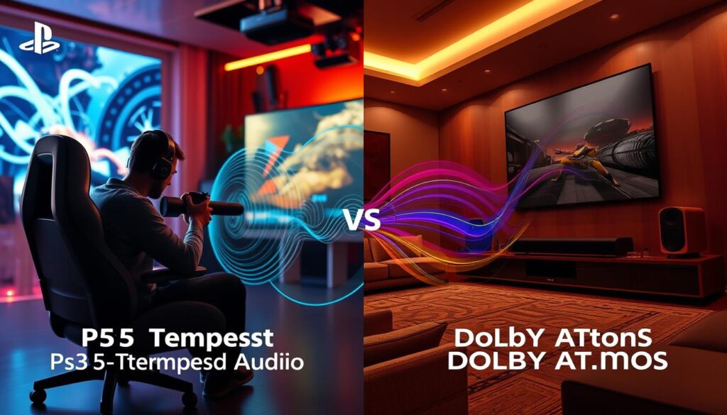 A split-screen comparison image showcasing the two audio technologies: on the left, an immersive PS5 Tempest 3D Audio environment, featuring a gamer in a modern gaming chair, wearing headphones and intensely focused on a screen displaying a dynamic first-person shooter game, with an intricate soundwave graphic emanating from the console; on the right, an elegant Dolby Atmos setup in a stylish living room, with a sleek soundbar and satellite speakers positioned around a comfortable couch, with visual sound waves illustrated in rich colors, highlighting the spatial audio experience. The background features a blend of vibrant gaming elements and a cozy home theater atmosphere, with warm lighting creating an engaging, immersive mood. Use a wide-angle lens effect to emphasize the spatial separation of the two audio systems, ensuring a clear focus on the technologies. A split-screen comparison image showcasing the two audio technologies: on the left, an immersive PS5 Tempest 3D Audio environment, featuring a gamer in a modern gaming chair, wearing headphones and intensely focused on a screen displaying a dynamic first-person shooter game, with an intricate soundwave graphic emanating from the console; on the right, an elegant Dolby Atmos setup in a stylish living room, with a sleek soundbar and satellite speakers positioned around a comfortable couch, with visual sound waves illustrated in rich colors, highlighting the spatial audio experience. The background features a blend of vibrant gaming elements and a cozy home theater atmosphere, with warm lighting creating an engaging, immersive mood. Use a wide-angle lens effect to emphasize the spatial separation of the two audio systems, ensuring a clear focus on the technologies.