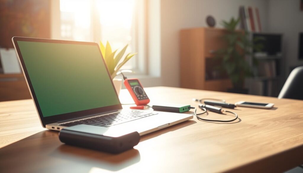A visually engaging office setting depicting a modern laptop on a sleek wooden desk. In the foreground, an open laptop with a partially visible battery icon indicating charging status. Surrounding the laptop are various battery management tools, such as a digital multimeter and a power bank, emphasizing proper battery care. In the background, soft-focus sunlight streams through a window, creating a warm and productive atmosphere. A potted plant adds a touch of greenery, symbolizing vitality and efficiency. The lighting is bright and inviting, capturing a sense of innovation and professionalism. The image should evoke a mindset focused on managing battery health and energy efficiency, ideal for an informative article. A visually engaging office setting depicting a modern laptop on a sleek wooden desk. In the foreground, an open laptop with a partially visible battery icon indicating charging status. Surrounding the laptop are various battery management tools, such as a digital multimeter and a power bank, emphasizing proper battery care. In the background, soft-focus sunlight streams through a window, creating a warm and productive atmosphere. A potted plant adds a touch of greenery, symbolizing vitality and efficiency. The lighting is bright and inviting, capturing a sense of innovation and professionalism. The image should evoke a mindset focused on managing battery health and energy efficiency, ideal for an informative article.