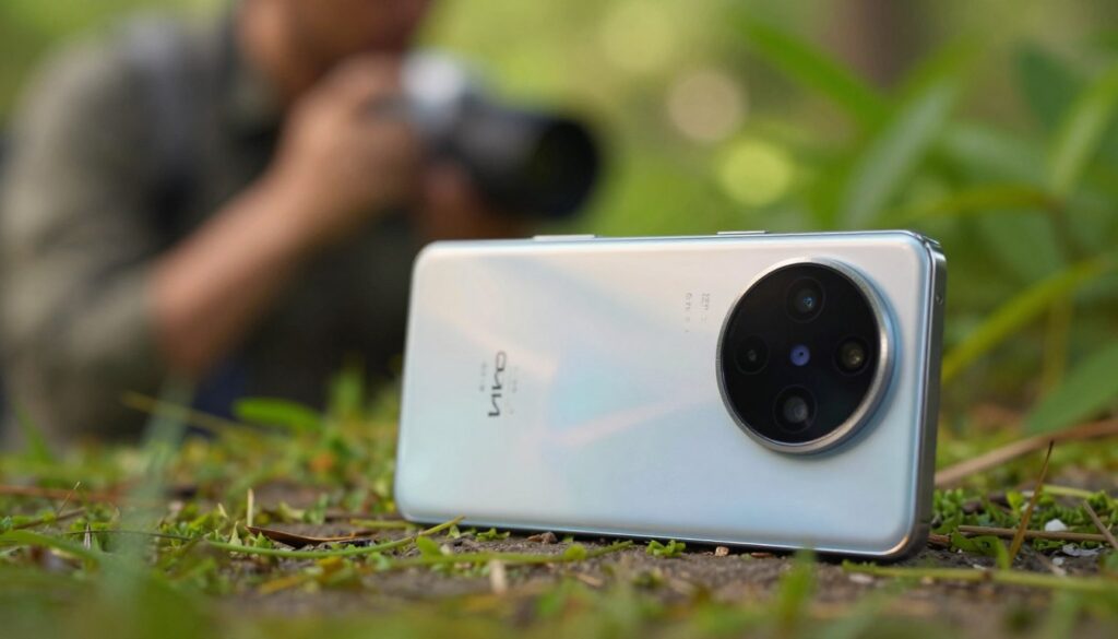 A sleek 50MP smartphone camera, prominently displayed in the foreground, showcasing its elegant design with a glossy finish and modern buttons. The camera lens glimmers under soft, natural lighting, highlighting its advanced technology. In the middle ground, a blurred backdrop of vibrant green foliage evokes a sense of exploration and adventure. The depth of field creates a focus on the smartphone, emphasizing its role in capturing moments. The atmosphere is warm and inviting, suggesting the excitement of photography. The image composition uses a shallow depth of field with an eye-level angle to enhance the subject's prominence. The setting conveys a sense of high-quality tech and creative expression, ideal for illustrating photography experiences with the Vivo Y100 smartphone.