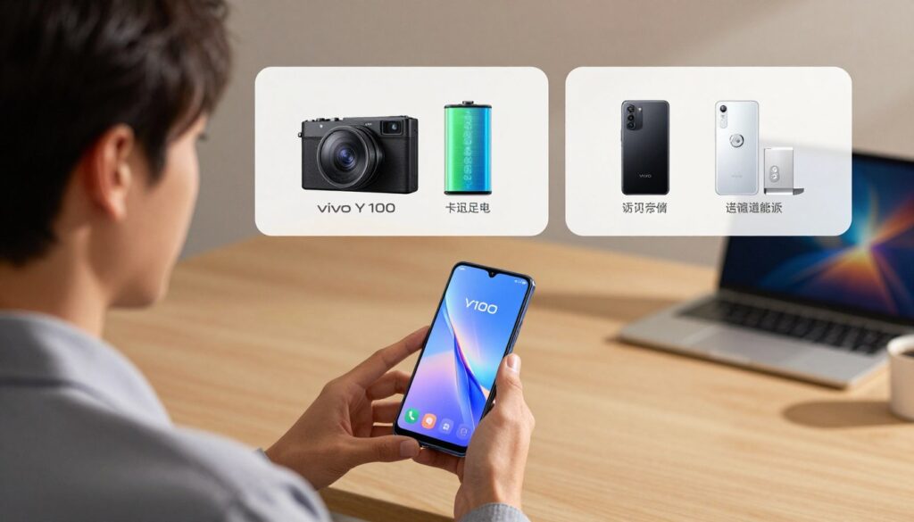 A split-scene image illustrating the pros and cons of the Vivo Y100 smartphone. In the foreground, depict a person in professional casual attire, thoughtfully examining the Vivo Y100, highlighting its sleek design and vibrant display. The middle ground should showcase visual representations of its strengths, such as a high-quality camera, long-lasting battery, and user-friendly interface, symbolized by icons or graphics. Contrast this with elements representing its drawbacks, like limited storage and average processing power, possibly using muted colors or shadowy overlays. The background should be a blurred modern tech environment, with warm lighting to evoke a sense of exploration and contemplation. Aim for a balanced composition that effectively conveys both sides of the smartphone experience, with a professional and engaging atmosphere.